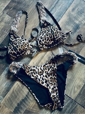 Fashion Nova Leopard Print Tie Bikini Set - Brown & Black